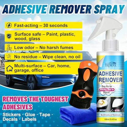Adhesive Remover for Cars, Car Glue & Sticker Remover Spray, Removes Decal, Label & Tape Residue, Safe for Car Paint, Glass, Metal & Plastic, Includes Scraper, Spatula & Towel, 3.4oz/100ml
