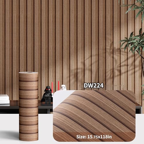 Haimin Wood Grain Slat Wall Panels Peel and Stick Faux Wood Thick Wallpaper - color: Brown