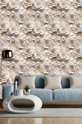 Peel and Stick Wallpaper Beige Rose Floral Feature - color: Cream&Light Brown, size: 17.7" x 393.7"