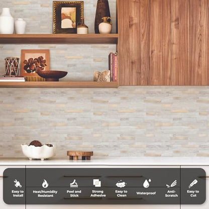 STICKGOO Peel and Stick Backsplash, PVC Wall Tiles Stick on Backsplash for Kitchen(10 Sheets, Beige with Metal Gold) - color: Beige with Metal Gold