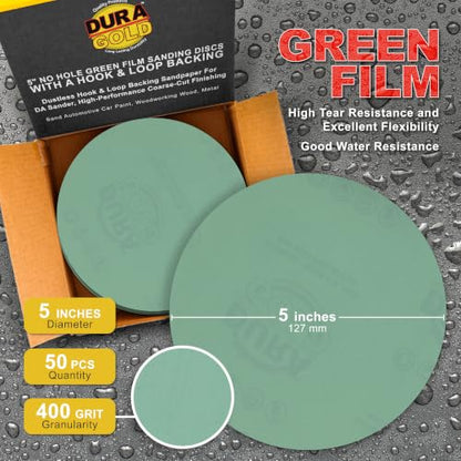Dura-Gold 5" Green Film Sanding Discs, 400 Grit, Box of 50, Hook & Loop - size: 400-Grit