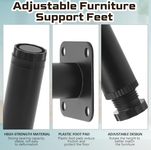 3 Inch Adjustable Steel Furniture Legs 4-Pack 1" Dia (Black) - size: 3 Inch