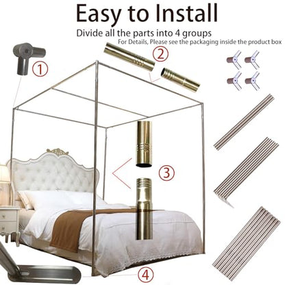Canopy Bed Frame Full, Stainless Steel Four Corner Bed Canopy Poles Mosquito Net Frame Bracket Fit for Metal Bed Wood Bed, Stainless Steel Canopy Bed Frame Full Size - size: 78"W x 53"L (Pack of 1)