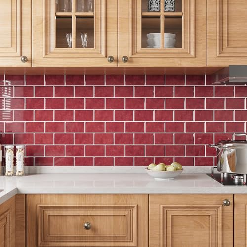 VEELIKE 12 Sheet Retro Red Peel and Stick Backsplash for Kitchen Subway Tile Backsplash Peel and Stick for Kitchen Wall Bathroom Waterproof Removable Red Ceramic Tile Sticker for Backsplash 12''x12'' - size: Box of 12 Tiles