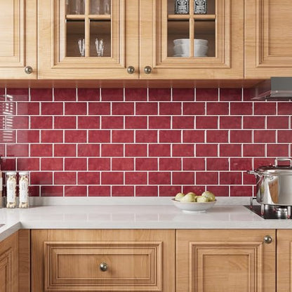 VEELIKE 12 Sheet Retro Red Peel and Stick Backsplash for Kitchen Subway Tile Backsplash Peel and Stick for Kitchen Wall Bathroom Waterproof Removable Red Ceramic Tile Sticker for Backsplash 12''x12'' - size: Box of 12 Tiles