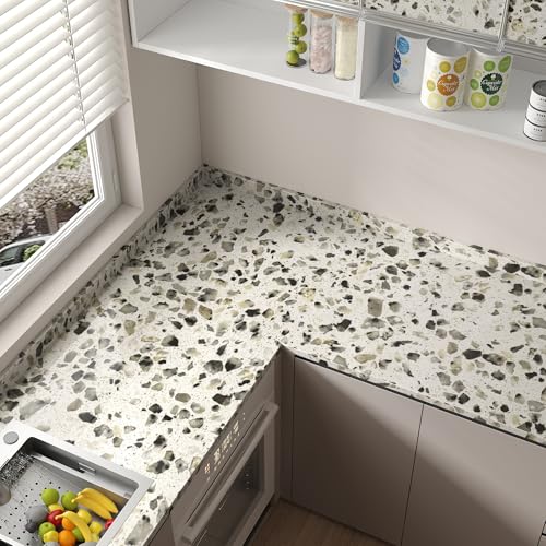Multicolor Terrazzo Contact Paper 15.7"x196.8" Glossy Granite Wallpaper - color: White Gray Black, size: 15.7" x 196.8"