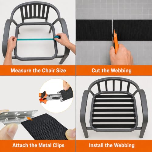2 Inch x 40ft Thicken Webbing Replacement Kit – Elastic Heavy Duty Upholstery Strap Roll with 40 Metal Clips for Fixing Sagging Sofas, Dining Chairs, Patio Furniture & Outdoor Seats (Black)