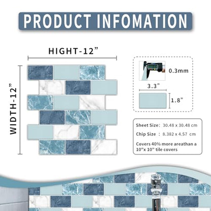 10 Sheets Peel and Stick Backsplash for Kitchen 12"X12" Renter Friendly Backsplash Back Splash Adhesive Subway Wall for Bathroom Deep Ocean Blue Marble Mixed Tile Sticker（Not 3D Tile