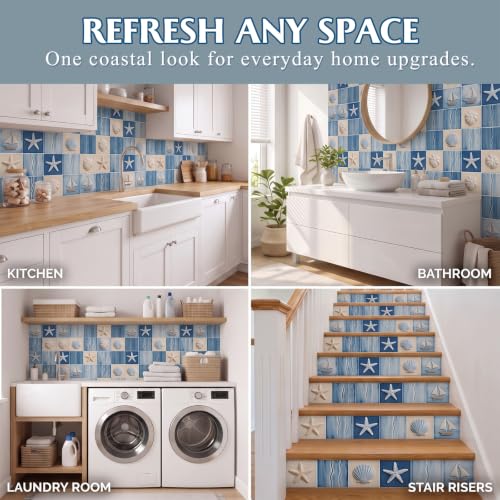 30 Pcs Coastal Peel and Stick Backsplash Tile Stickers 3.94" x 3.94" Self Adhesive Waterproof Vinyl Wall Tiles Stickers for Kitchen Backsplash Bathroom Stair Risers Laundry Room(Classic) - style: Classic