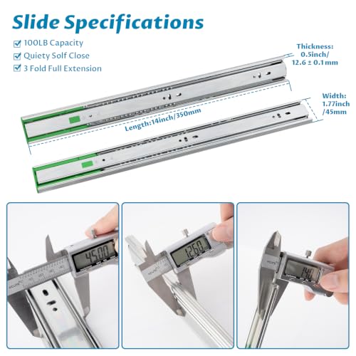 Onemake 14 Inch Soft Close Side Mount Drawer Slides Full Extension, 1 Pair - size: 14inch-350mm