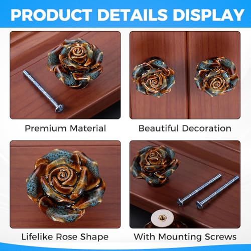 Yetaha 6 Pack Blue Retro Floral Ceramic Knobs Single Hole with Screws - color: Blue