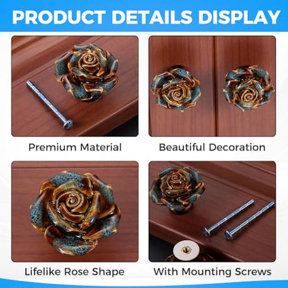 Yetaha 6 Pack Blue Retro Floral Ceramic Knobs Single Hole with Screws - color: Blue