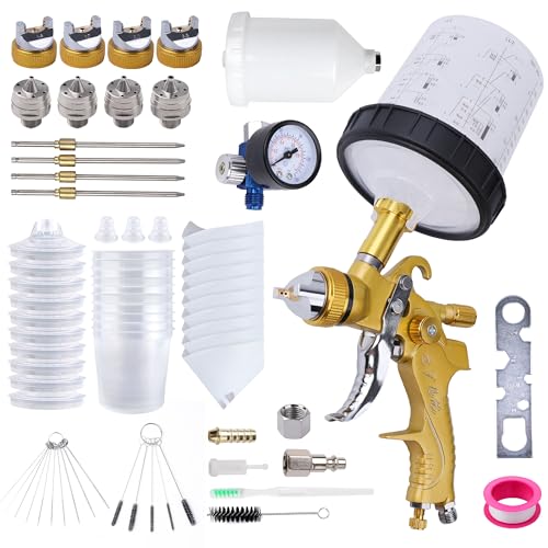 HVLP Spray Gun Kit, 4 Nozzles,10 Disposable Paint Cup System,Gold - color: gold