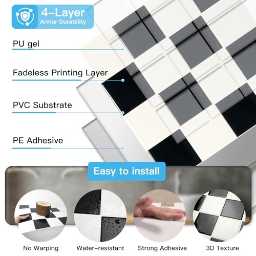Art3d Grid Peel and Stick Backsplash, 10-Pack, 12 x 12 in, Black & White - color: Black/White