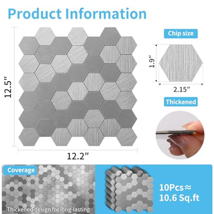 Art3d 10-Pack Metal Peel and Stick Backsplash Tile, Silver Hexagon - color: Silver Hexagon