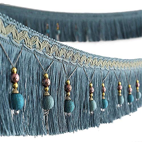Yalulu 4 Yard x 3.9 Inch Braided Beads Hanging Ball Tassel Fringing Trimmings Fringe Trim Ribbon for Curtain Table Home Accessories DIY Decoration (Blue) - color: Blue