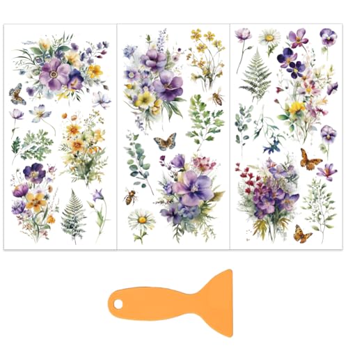 OLYCRAFT 3 Sheets/Set Wildflower Rub on Transfers for Furniture and Craft 6x12 Inch Butterfly Furniture Decal Transfer Stickers Rub on Decal with 1pc Scraper for Wooden Furniture Home Decorations - style: Wildflower