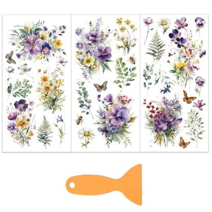 OLYCRAFT 3 Sheets/Set Wildflower Rub on Transfers for Furniture and Craft 6x12 Inch Butterfly Furniture Decal Transfer Stickers Rub on Decal with 1pc Scraper for Wooden Furniture Home Decorations - style: Wildflower
