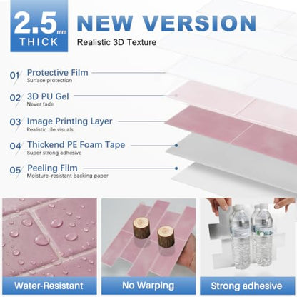 Thicker Design Peel and Stick Wall Tile，Self Adhesive Backsplash Tiles for Kitchen & Bathroom (10 Sheets, Pink) - color: Pink