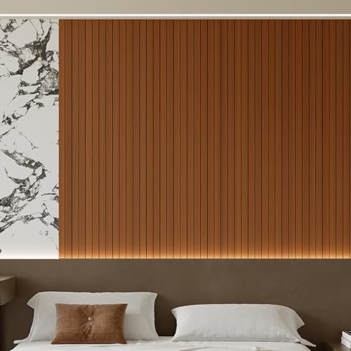 Yutianli PVC Slat Wall Panel Peel and Stick 236"x 15.7" Faux Wood Slat Panel Artificial Walnut Wood Grain Self-Adhesive Soundproof 3D Wall Panel for Walls and Ceilings - color: Walnut, size: 236"x15.7"
