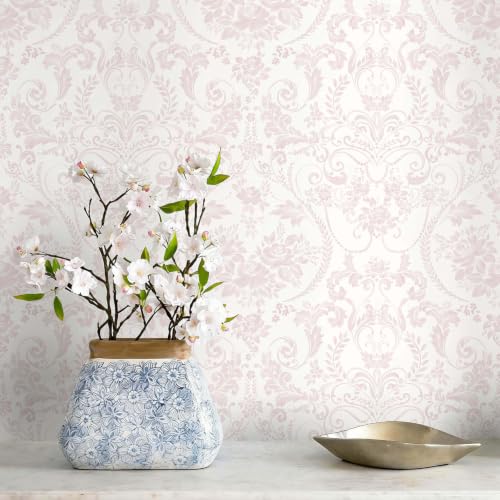 Peel and Stick Wallpaper for Bedroom Pink Damask Floral Self-Adhesive - color: Pink and White, size: 17.3" x 78.7"