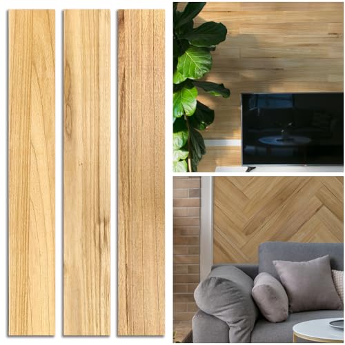 W&S 10pack Peel and Stick Real Wood Planks for Wall, Stick On Faux Teak Wood Panels for Bedroom,Living Room,RV, Adhesive Wooden Paneling for Interior Accent Wall, Self Stick Shiplap Boards (12.4Sq.Ft) - color: Beige
