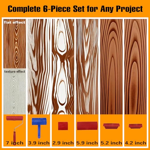 6pcs Wood Grain Tool Set - 7 Inch Rubber Paint Rollers for Realistic Wood Texture | DIY Faux Wood Look on Desk/Door/Floors | Durable & Washable Graining Tools