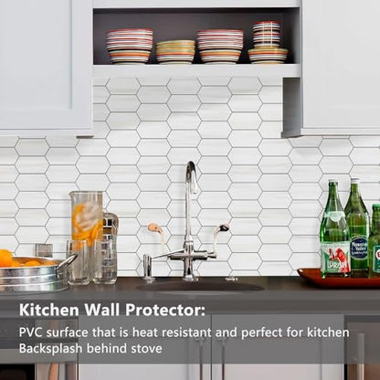 Vamos Tile Long Hexagon Peel and Stick Backsplash Tile - 10 Sheets Stick on Backsplash for Kitchen and Bathroom 12.4 x 12 Inch Dolomite Marble Look PVC Self Adhesive Mosaic Wall Tiles - color: Dolomite Marble Look