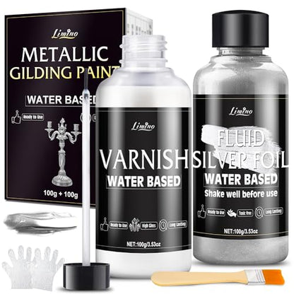Metallic Silver Paint - 3.5oz Water Based Silver Leaf Paint and 3.5oz Varnish, Ultra Shining Gilding Metallic Acrylic for Painting, Art Craft , Home Decor, Ideal for Canvas, Wood, Metal, Plaster, Stone