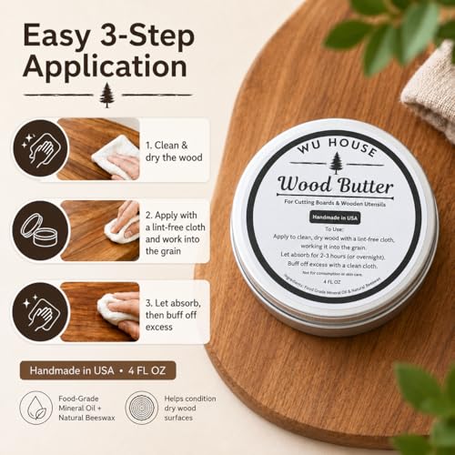 Wood Butter Cutting Board Wax, Food Grade Mineral Oil and Beeswax Conditioner for Butcher Blocks, Wooden Utensils and Serving Boards, Handmade in USA (4 FL OZ) - size: 4 Fl Oz