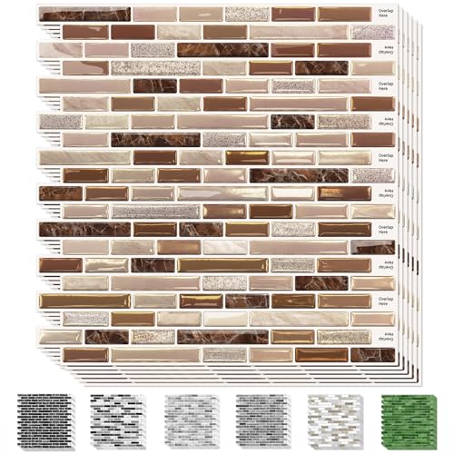 URCOLOR 10-Sheet Kitchen Backsplash Tiles Peel and Stick, 12”×12” Self Adhesive Wall Tile Sticker for Bathroom,Sandstone Brown - color: Sandstone Brown