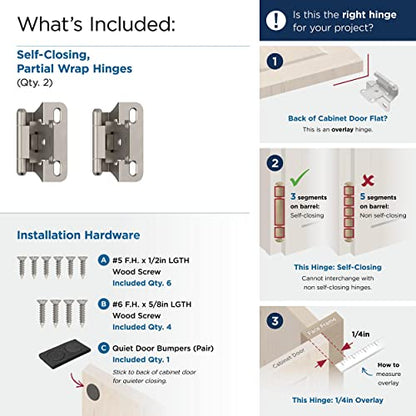 Amerock 1 Pair 1/4" Overlay Satin Nickel Partial Wrap Cabinet Hinge - color: Satin Nickel, size: 1/4 Inch (6 mm) Overlay