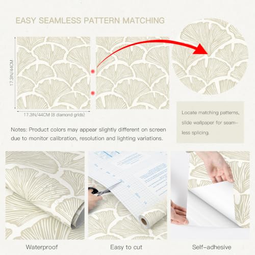 Peel and Stick Wallpaper for Bedroom Khaki&Beige Leaf Self-Adhesive - color: Khaki and Beige, size: 17.3" x 78.7"