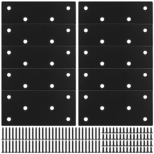 Mending Plate, Metal Steel Flat Straight Brace Bracket, Black Double-Wide Joining Plate for Wood Furniture Fastening & Fixing with 2 Sets of Screws of Different Lengths(48x100mm, 10 Pack) - size: 1.9 × 3.9 inches