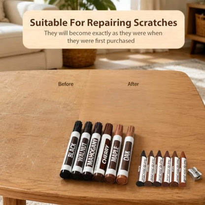 Furniture Touch Up Markers Set of 13, Wooden Furniture Floor Scratch Repair Kit- Markers and Wax Sticks with Sharpener for Fixing Stains and Scratches on Wood Floors,Tables,Desks