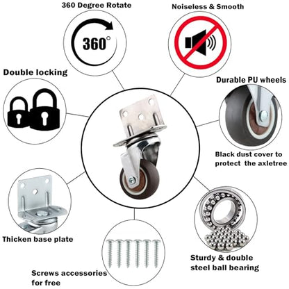 2 Inches Side Mount Caster Wheels Set of 8 L-Shaped Rubber Small Swivel Caster Heavy-Duty Double Plate Castor Without Brake Industrial Metal Wheel for Workbench, Furniture, Cabinet, Woodbox, Brown - style: 8 packs 2 in/ No brake/ L-Shape