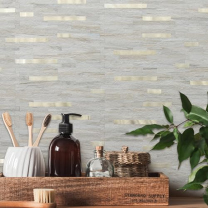 AULIGET 20 Sheets Faux Stone Peel and Stick Backsplash, Beige Marble Look PVC Wall Tile Stick on Backsplash for Kitchen and Bathroom - color: Beige Marble + Metal Gold, size: 20 Sheets, 6"x12"x0.12"