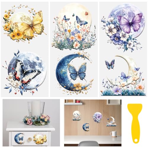 Rub on Transfers for Crafts, 6 Sheets Transfer Waterproof Butterfly and Moon Decals Stickers for Furniture Wood Fabric Cups Home DIY Decor - color: Moon Flower