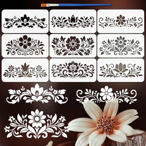 FINGERINSPIRE 9 Styles Folk Art Border Pattern Stencils with a Brush 5.9x11.8Inch Floral Border Painting Stencils Folk Theme PET Template for Painting on Wood Floor Tile Wall Fabric Furniture