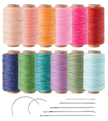 12 Colored Round Waxed Thread 0.8mm, 35 Yards per Spool, 3 Ply Polyester Wax Cord Strings for Hand Sewing, Beading, Bookbinding, Basket Weaving, Micro Macrame Bracelets and Jewelry Making - color: Rainbow Colors, size: 0.8mm Strong