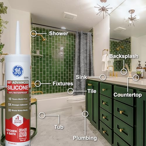GE Advanced Silicone Caulk for Kitchen & Bathroom, Clear, 10 fl oz Cartridge, 2 Pack - 100% Waterproof Silicone Sealant, 5X Stronger Adhesion, Shrink & Crack Proof - size: Pack of 2, style: Clear
