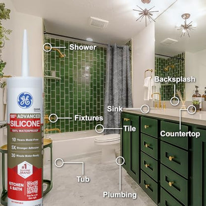 GE Advanced Silicone Caulk for Kitchen & Bathroom, Clear, 10 fl oz Cartridge, 2 Pack - 100% Waterproof Silicone Sealant, 5X Stronger Adhesion, Shrink & Crack Proof - size: Pack of 2, style: Clear
