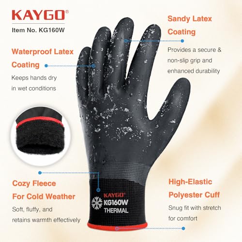 KAYGO Winter Work Gloves, Non-Slip Thermal Latex Coated - color: Black (Thermal), size: Large