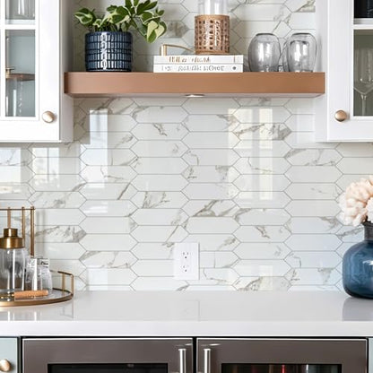 Vamos Tile Glossy White Marble with Gold Veining Backsplash Tile Peel and Stick, 12.8 x 12.8 Inch 10 Sheets Long Hexagon PVC Self Adhesive Mosaic Tiles Stick on Backsplash for Kitchen and Bathroom - color: White Marble with Gold Veining