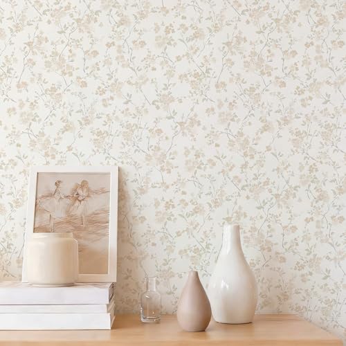 Peel and Stick Wallpaper for Nursery Beige Cherry Blossom Waterproof - color: Beige, size: 17.3" x 78.7"