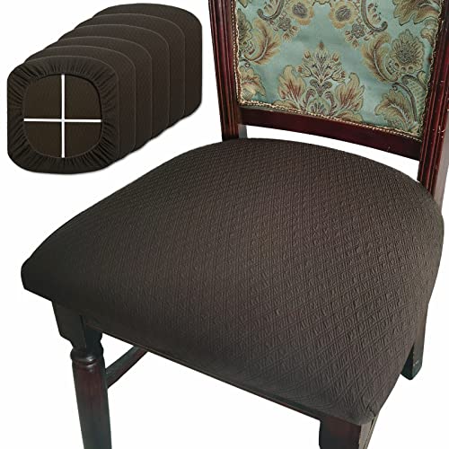 BUYUE Dining Room Chair Seat Covers Set of 6, TPU not Mixed, Friendly Jacquard Fabric Stretch Washable Slipcover for Kitchen Seat Cushions, Brown-6PCS - color: Brown, size: 6pcs