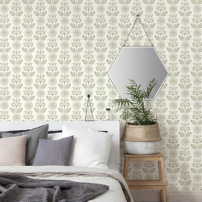 Wudnaye Floral Wallpaper Peel and Stick Boho Contact Paper 17.7in×196.8in - color: Green, size: 17.7" x 196.8"