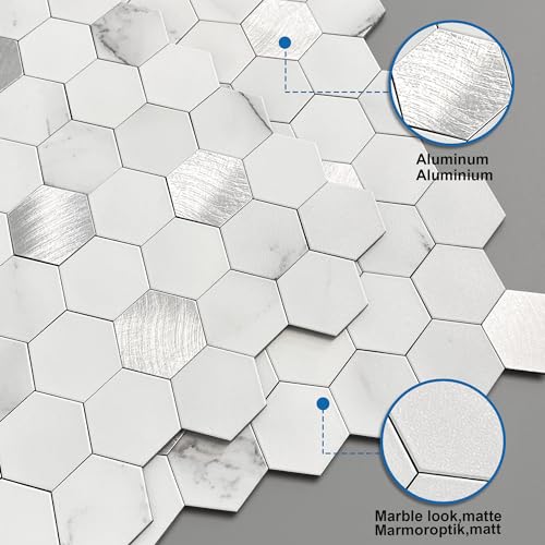 Peel and Stick Backsplash Hexagon Marble Tiles White Silver 10pcs - color: White Silver, size: 10sheets