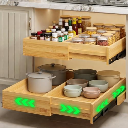 BAMEOS 2-Pack 14" to 20" Adjustable Width Soft Close Slide Out Bamboo Wood Drawer Organizer for Kitchen,Pantry, Bathroom & Under Sink, 2-Pack Wooden Storage, 21" Depth, 66 lbs Capacity