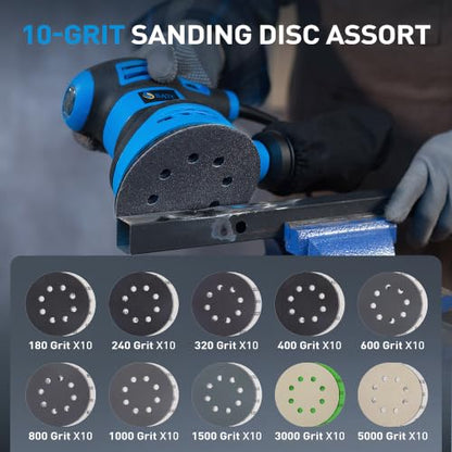 S SATC 5 Inch Wet Dry Sanding Discs 100 Pack, 8 Holes Hook and Loop Sandpaper, Assorted 180 to 5000 Grits Orbital Sander Sand Paper for Wood, Auto Body, Metal Finishing